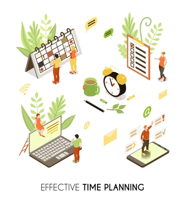 Effective time planning isometric background with people making business schedule and routine management vector illustration