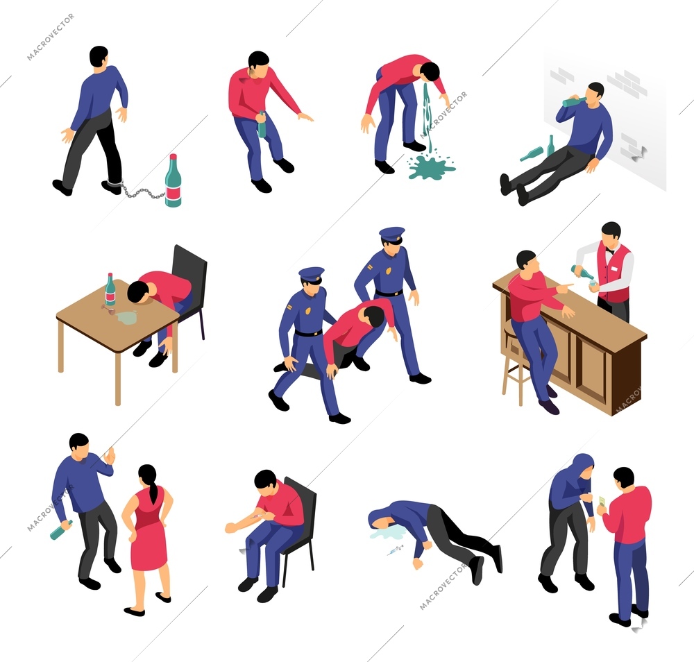 Alcoholism and narcotics isometric set with drunk and drugged men in various situations isolated vector illustration