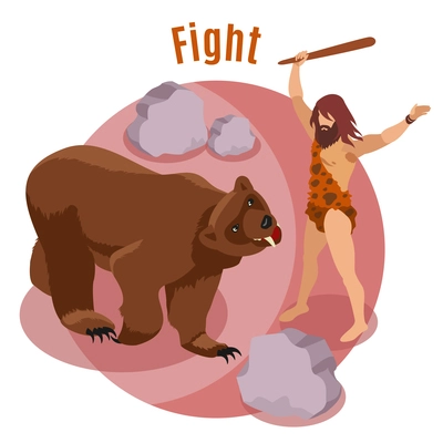Stone age hunting isometric concept with fight symbols vector illustration