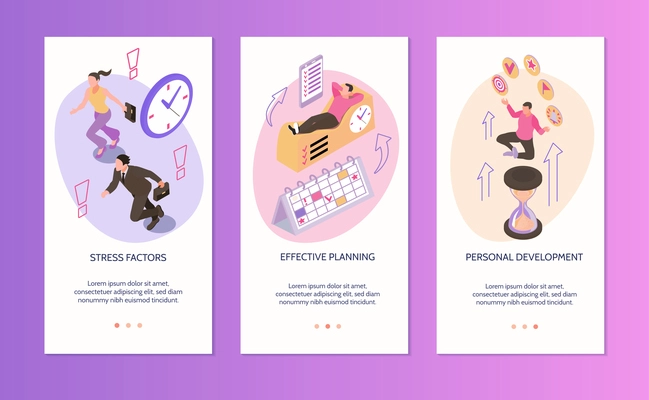 Time management vertical banners set of  stress factors effective planning personal development isolated compositions isometric vector illustration