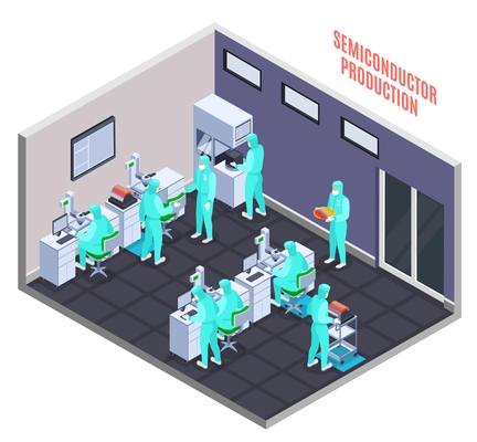 Semicondoctor production concept with technology and science symbols isometric vector illustration