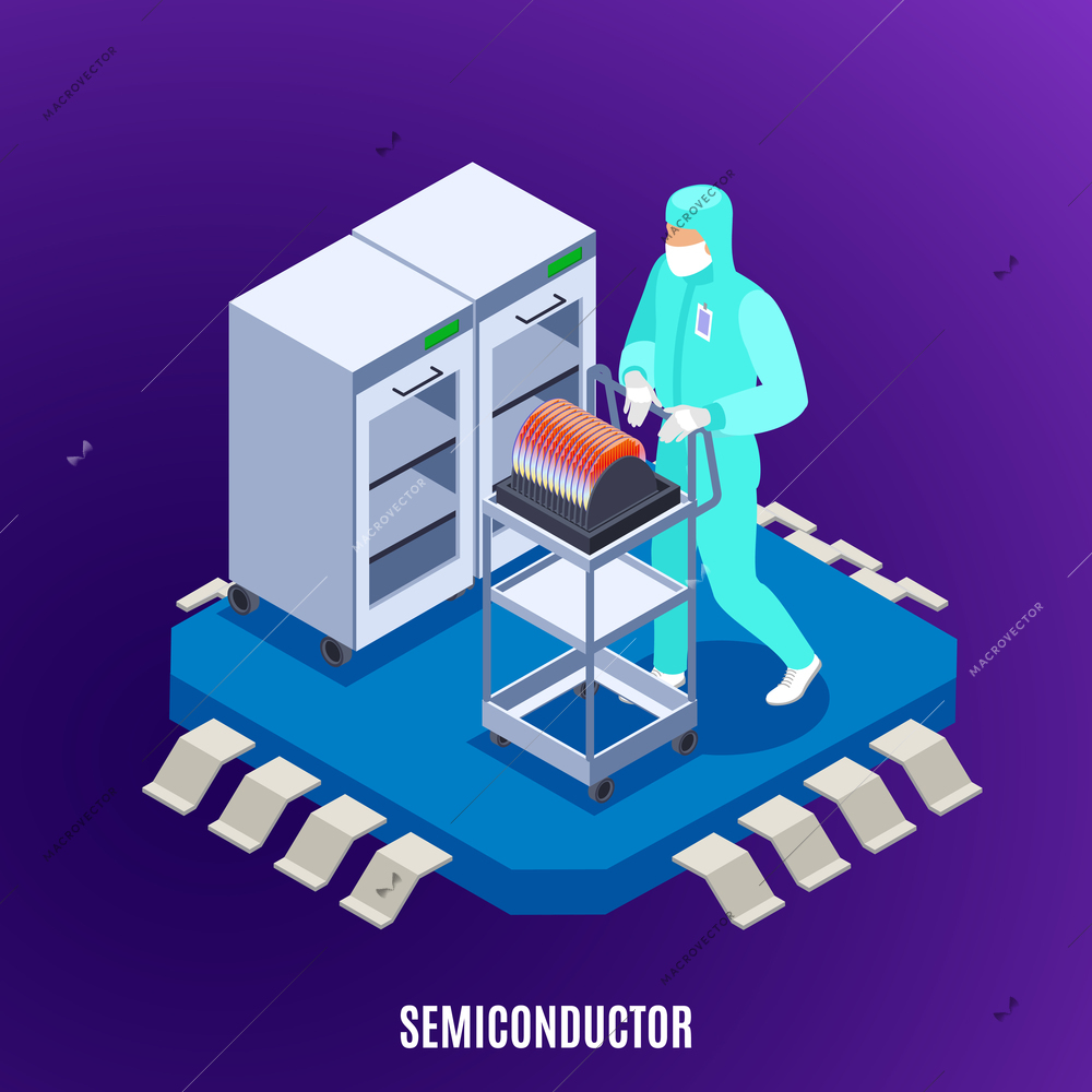 Semicondoctor isometric concept with technology and laboratory uniform symbols  vector illustration