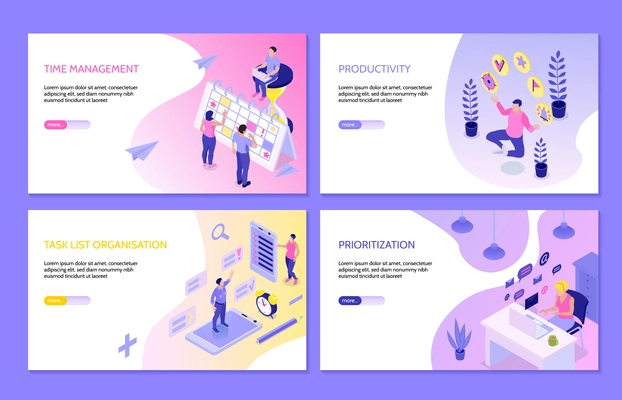 Time management horizontal banners with task list organization prioritization productivity isometric compositions vector illustration