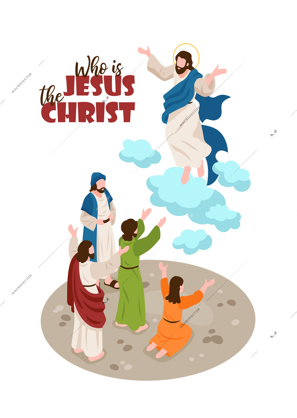 Isometric bible narratives background with human characters of prayers and jesus christ with editable ornate text vector illustration