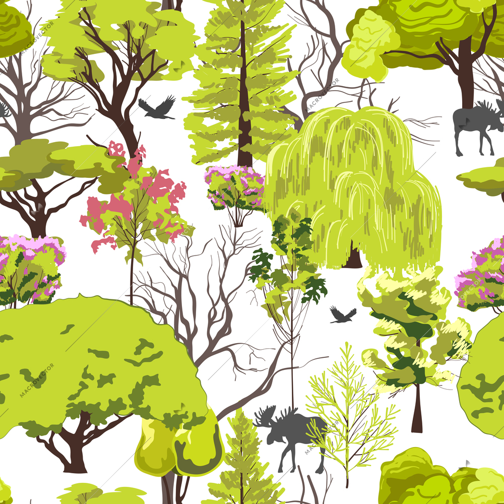 Decorative summer spring forest trees foliage and blossom with wildlife fauna seamless pattern abstract sketch vector illustration