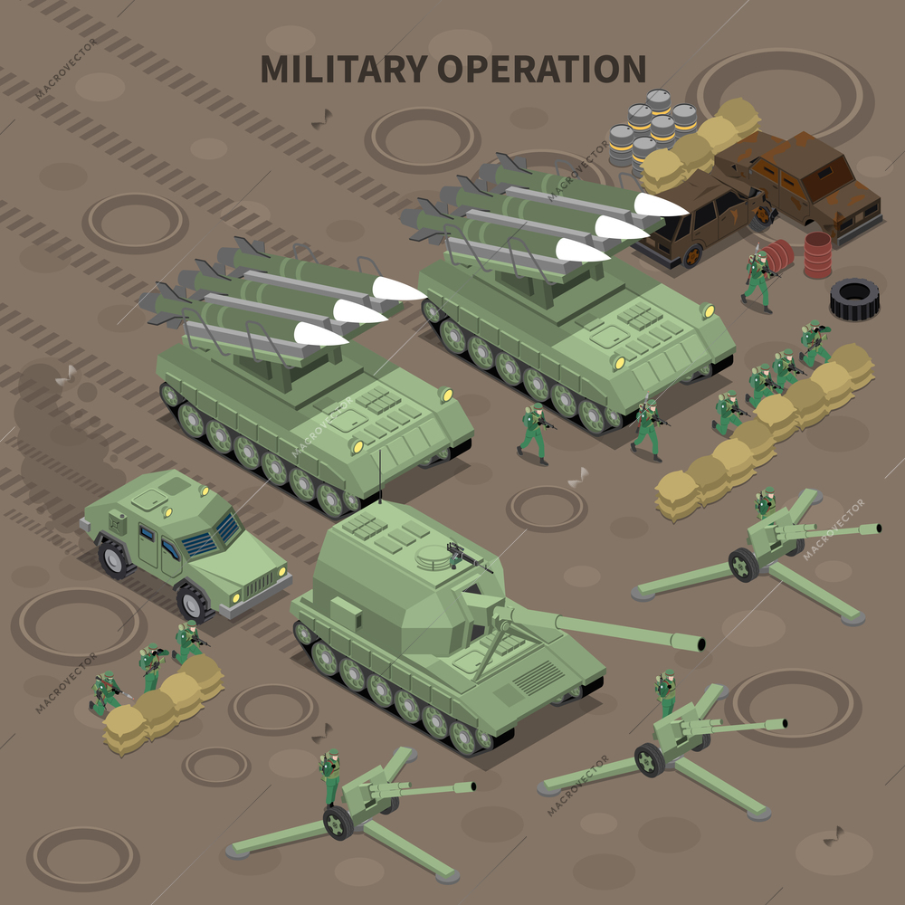 Military operation with use of long range guns and self propelled howitzers isometric background vector illustration