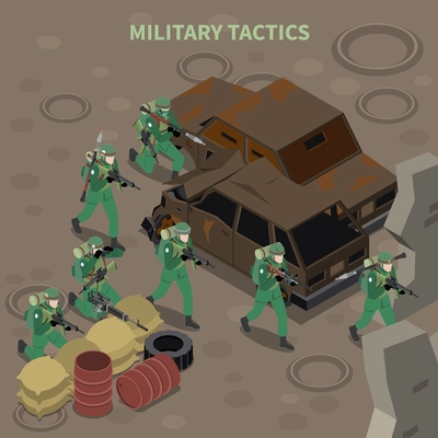 Military tactics isometric composition with armed infantry group going on attack with machine guns vector illustration