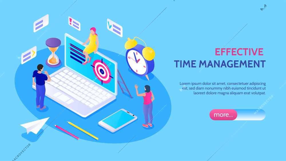 Effective time management horizontal banner with male and female characters alarm clock hourglass target isolated icons vector illustration