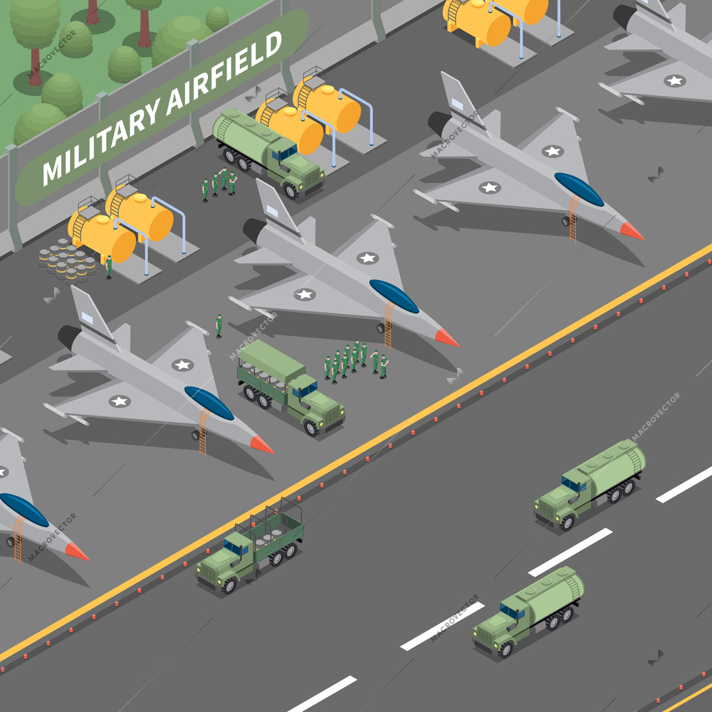 Military airfield isometric composition representing landing cargo airplanes fuel tanks trucks and soldier vector illustration