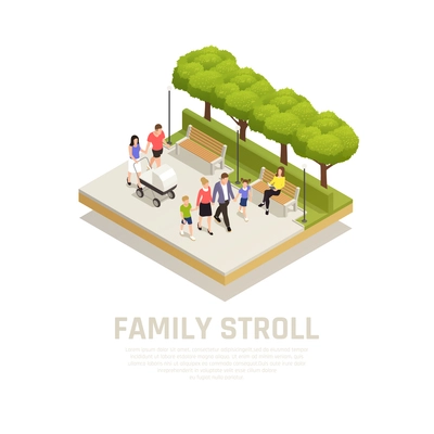 Family stroll concept with walk in the park in park symbols isometric vector illustration