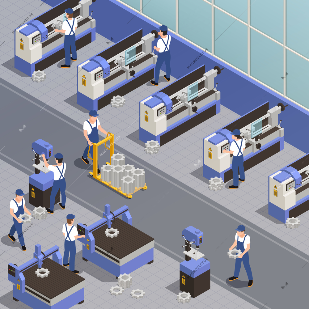 Industrial machinery background with plant equipment symbols isometric vector illustration