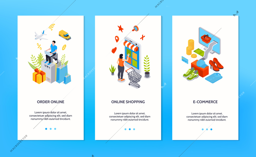 Online shopping vertical banners with people ordering goods online by internet isometric vector illustration