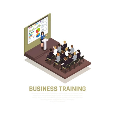 Business coaching isometric concept with lecture and workshop symbols  vector illustration