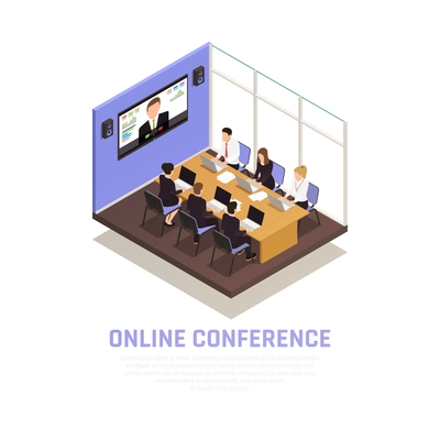 Business online conference isometric concept with communication symbols  vector illustration