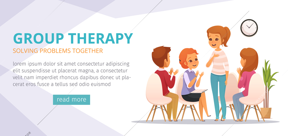 Group therapy cartoon banner with solving problems together descriptions and read more button vector illustration