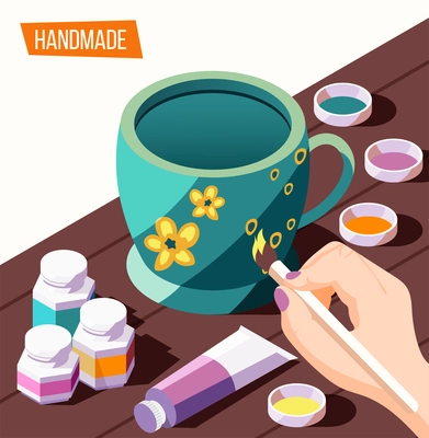 Hobby crafts isometric background with woman painting cup 3d vector illustration