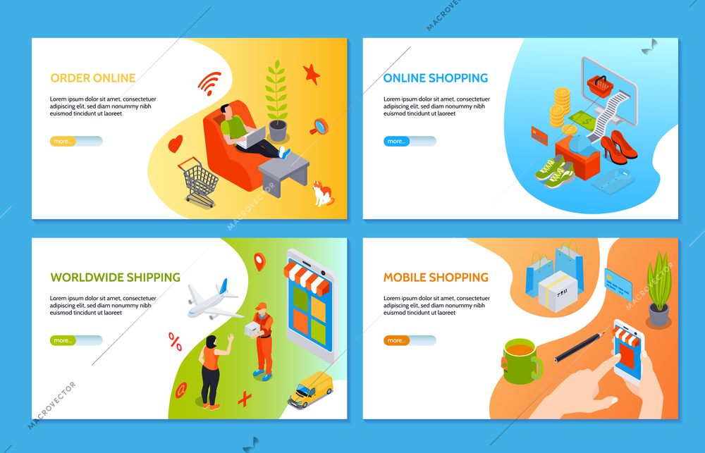 Online shopping horizontal banners with people making purchases on internet using computer and mobile phone isometric vector illustration