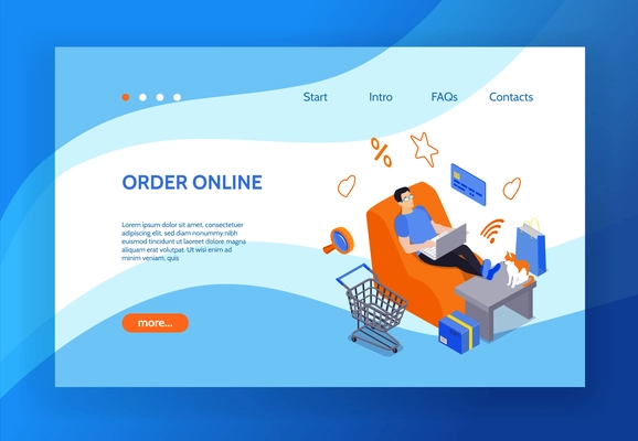 Online shopping landing page with image of man sitting in home chair and using laptop for buying on internet isometric vector illustration