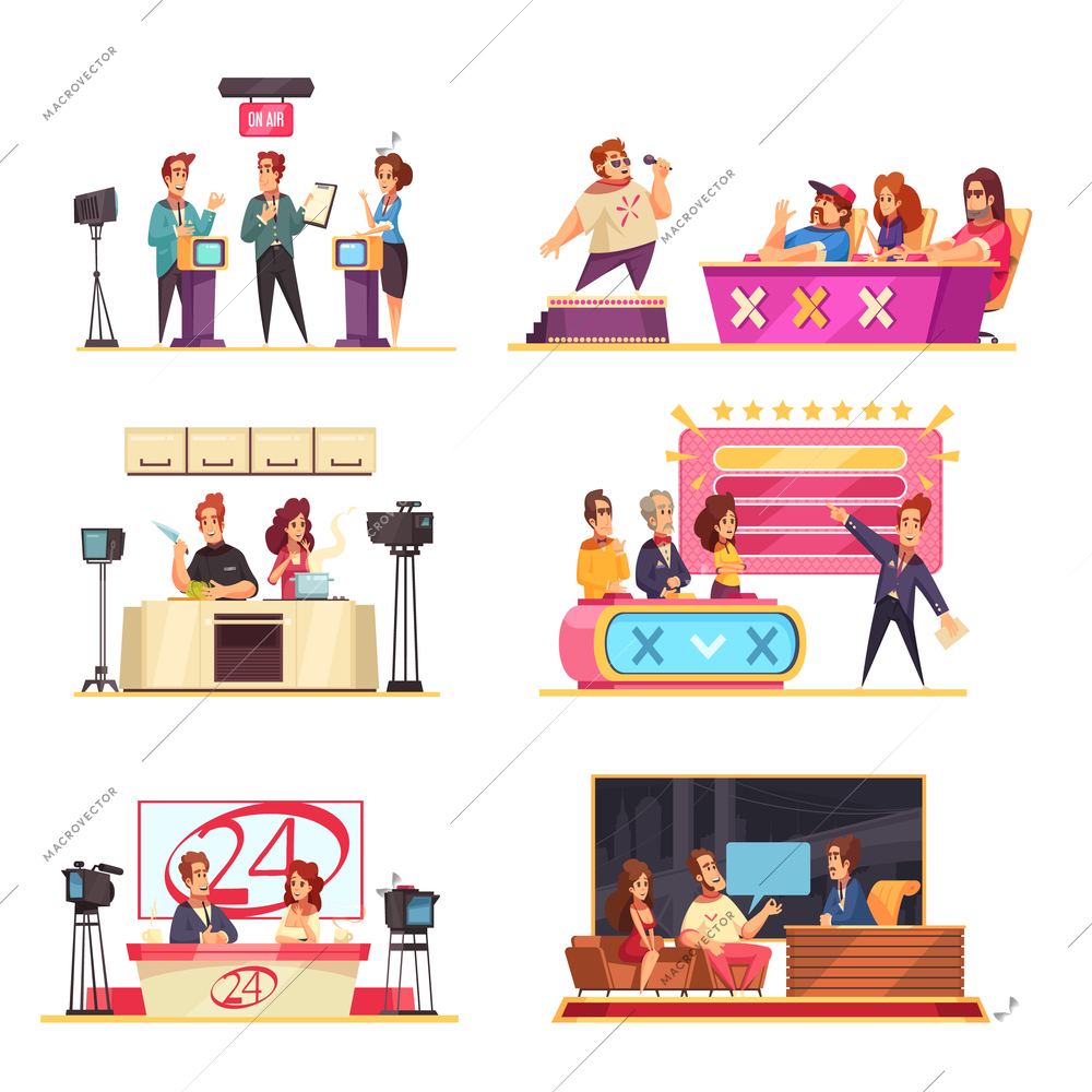Television game show 6 cartoon compositions with hosts contestants solving puzzles answering questions singer jury vector illustration