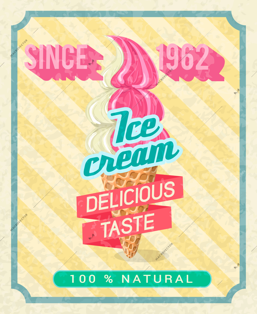 Poster with strawberry vanilla cold delicious ice-cream pink tape with text vector illustration