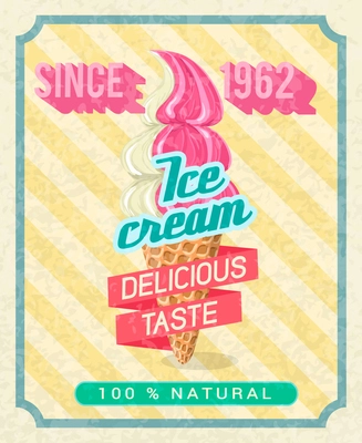 Poster with strawberry vanilla cold delicious ice-cream pink tape with text vector illustration