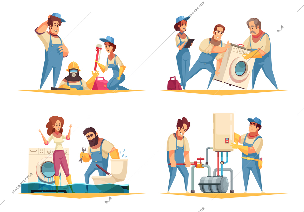 Plumber work concept 4 flat cartoon compositions with flooded home fixing boiler washing machine installation vector illustration