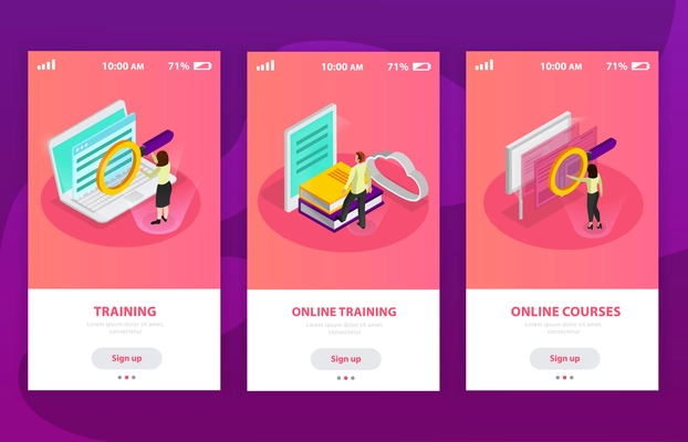 Online learning isometric composition with people using notebooks and smartphones for remote studying vector illustration