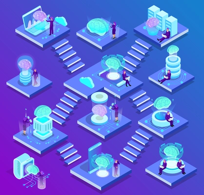 Artificial intelligence isometric composition with set of glow icons described future of science and innovations in digital technologies vector illustration