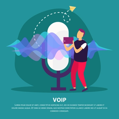 Voip communication flat background with man holding device with support voice over internet protocol service vector illustration