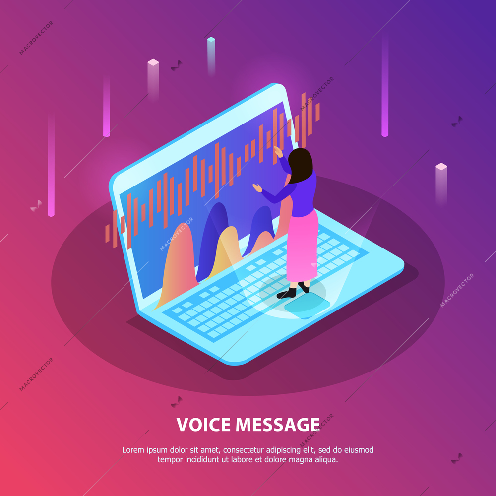 Voice message flat composition with woman standing on  keyboard of laptop with voice recognition app vector illustration