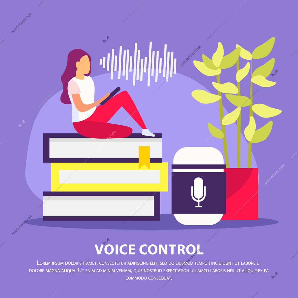 Voice control flat poster with woman in home interior talking with smart speaker gadget vector illustration