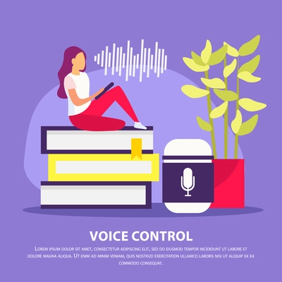 Voice control flat poster with woman in home interior talking with smart speaker gadget vector illustration