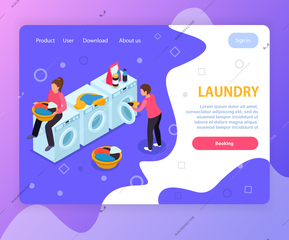 Laundry room isometric landing page website design with washing machines people editable text and clickable links vector illustration
