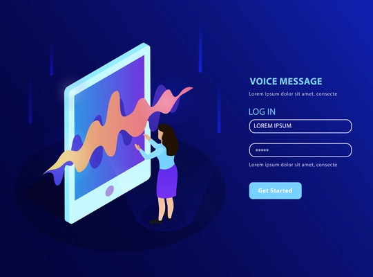 Voice message landing page with woman using her smartphone for listening voice information isometric vector illustration