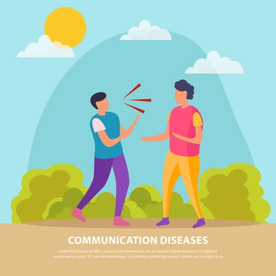 Communication diseases flat background illustrated transfer of bacteria through air when people talk vector illustration