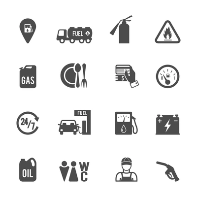 Gasoline diesel fuel pump service station convenience food store and WC icons set abstract isolated vector illustration