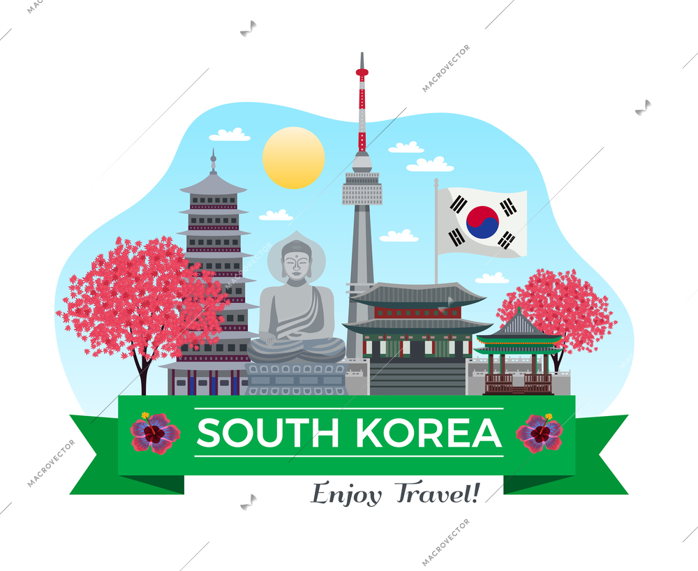 South korea tourism background composition with traditional buildings and sights with ribbon and editable text line vector illustration