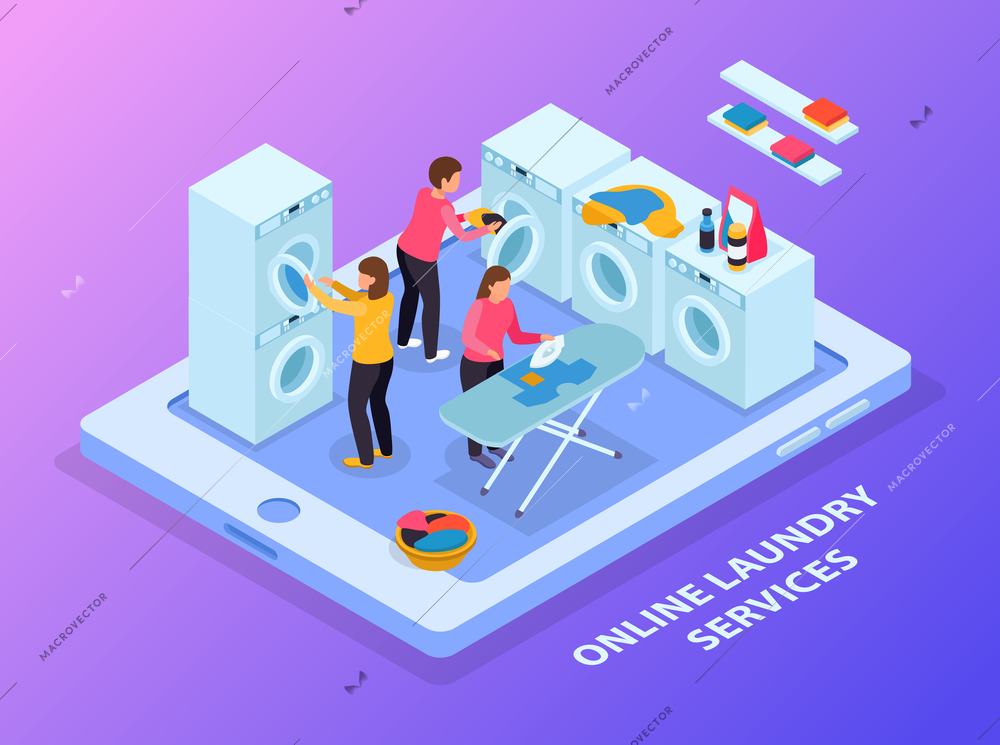 Laundry room isometric composition with conceptual image of tablet and laundry equipment with people on touchscreen vector illustration