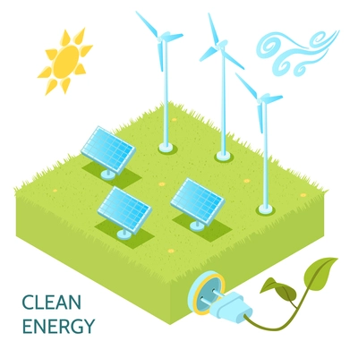 Clean energy isometric concept with solar and wind power symbols isometric vector illustration