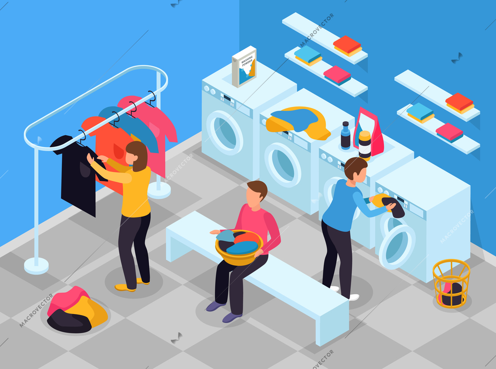 Laundry room isometric composition with indoor view of laundry room with washing machines detergents and people vector illustration