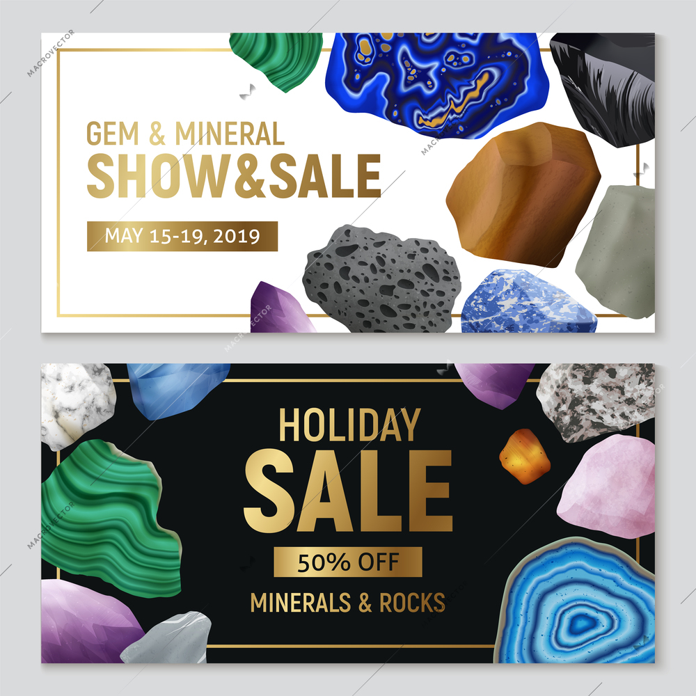 Gem minerals and rocks realistic horizontal banners with advertising of sale and colorful stone images vector illustration