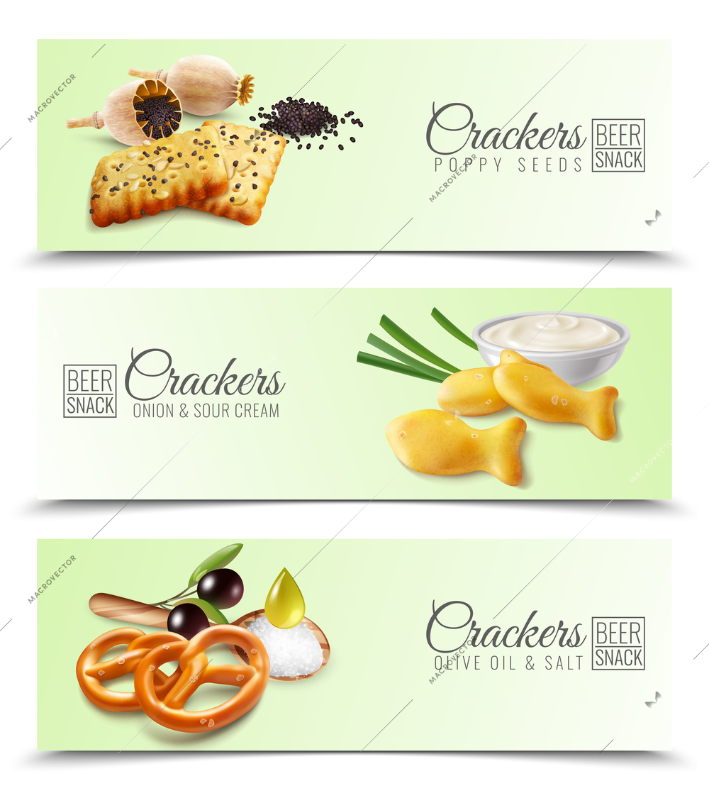 Realistic horizontal banners promoting crackers with poppy seeds onion and sour cream olive oil and salt vector illustration