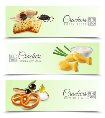 Realistic horizontal banners promoting crackers with poppy seeds onion and sour cream olive oil and salt vector illustration