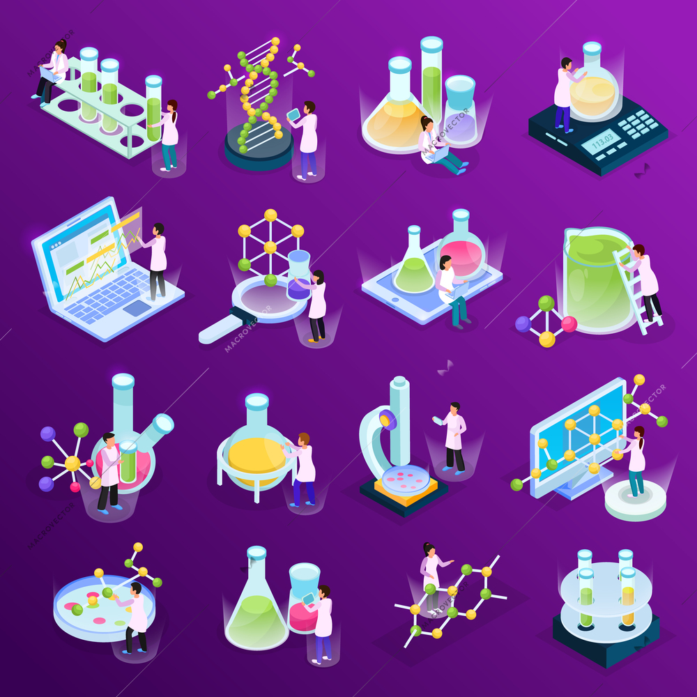 Collection with science research isometric glow icons with colourful liquids in glass tubes computers amd molecules vector illustration