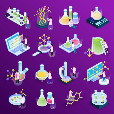 Collection with science research isometric glow icons with colourful liquids in glass tubes computers amd molecules vector illustration