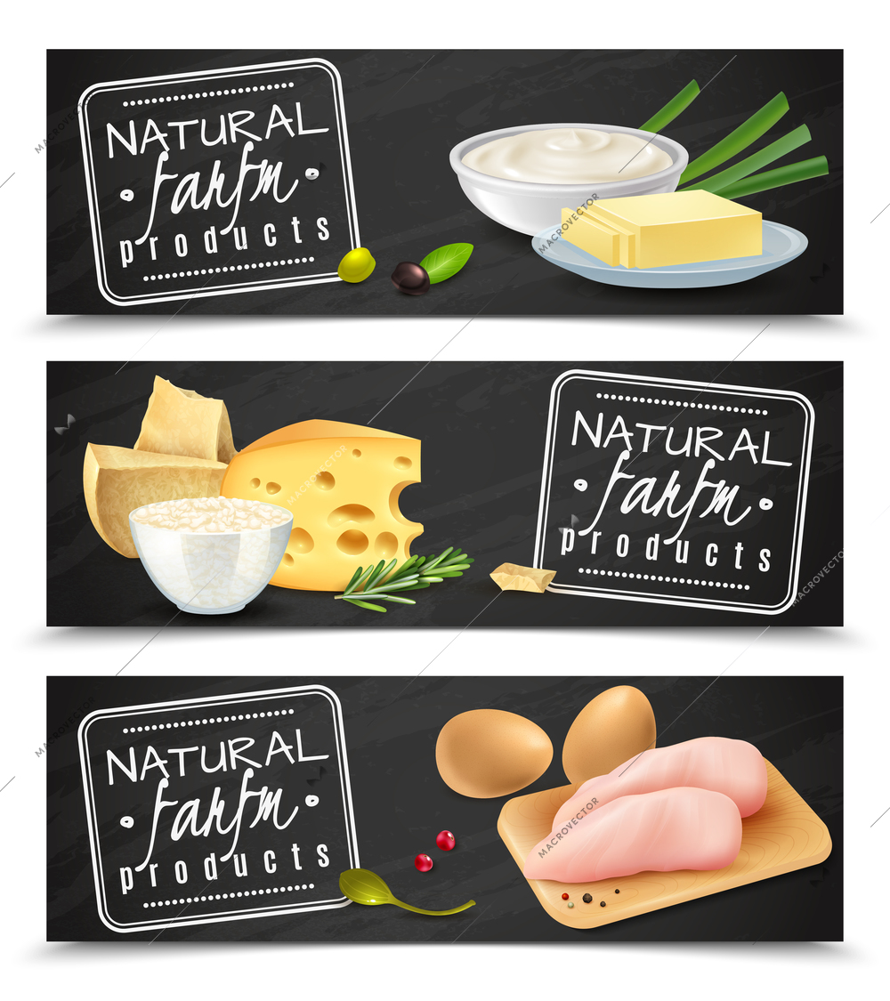 Natural farm product horizontal banners with butter cheese eggs sour cream chicken fillet realistic icons vector illustration