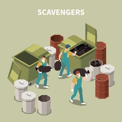 Isometric and 3d garbage recycling composition with scavengers on work with masks vector illustration