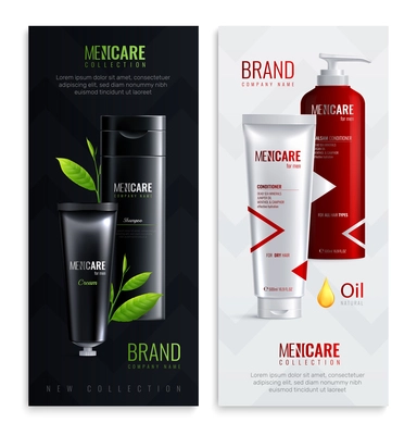 Two vertical mens cosmetics bottles realistic banner set with mencare collection headline vector illustration