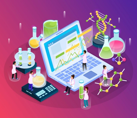 Science research isometric glow composition with small people characters and various laboratory stuff with laptop computer vector illustration