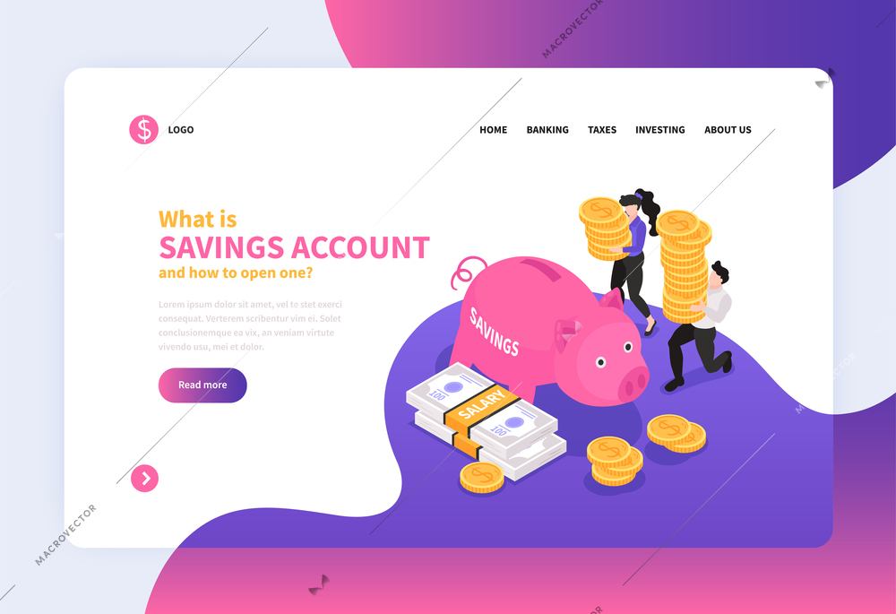 Isometric accounting concept banner web site landing page design with pig shaped still bank with links vector illustration